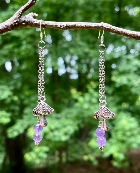 Silver mushroom pendant with Amethyst beads
