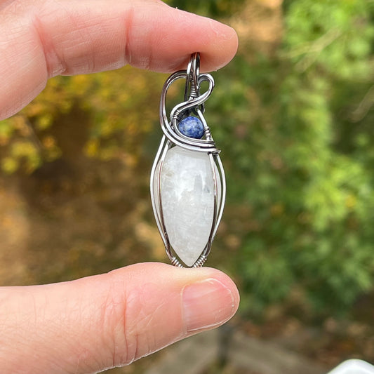 Moonstone and Lapis pendant wrapped in Silver